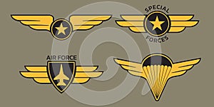 Military badge, army patch and insignia set with wings. Air and airforce emblems with eagle, star and plane. Vector illustration.
